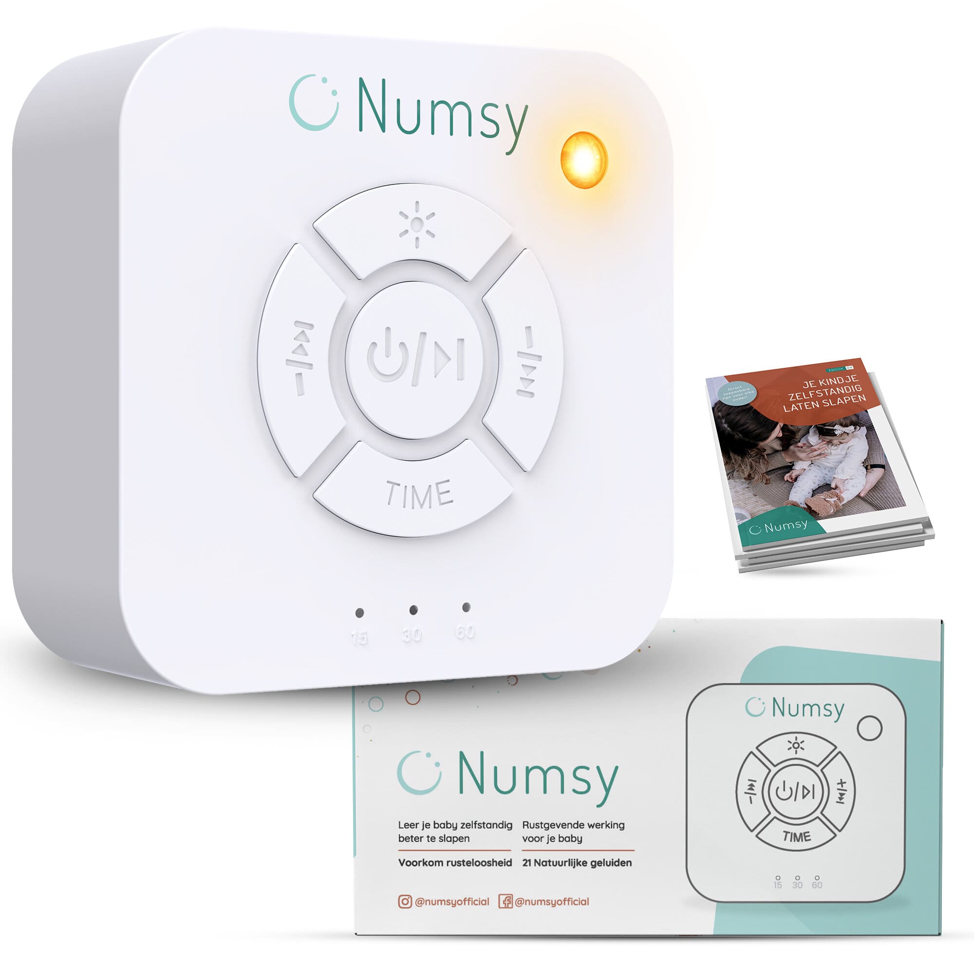 White noise machine with controls and Numsy branding, accompanied by a booklet.