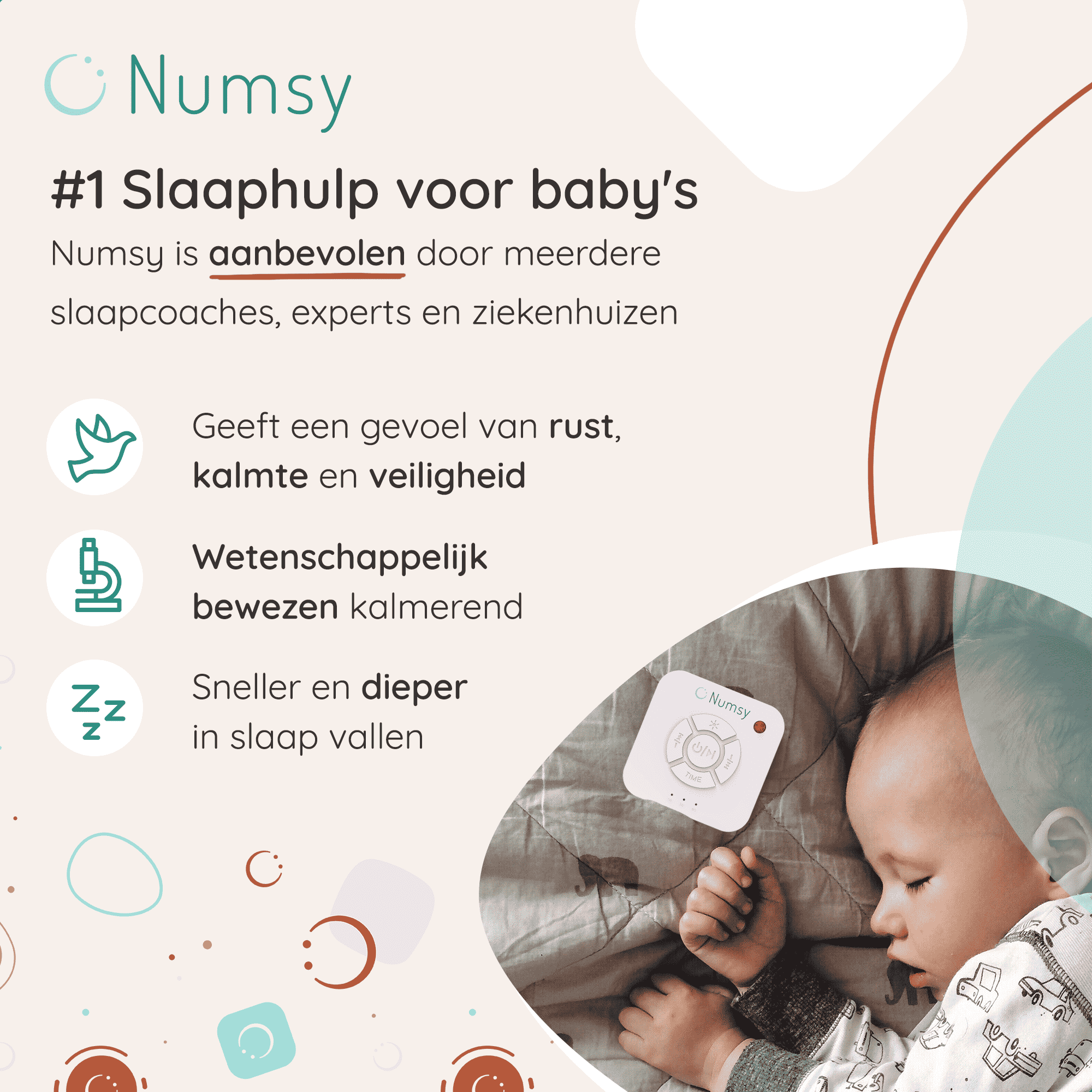 Promotional image for Numsy, a baby sleep aid, highlighting benefits and recommendations.