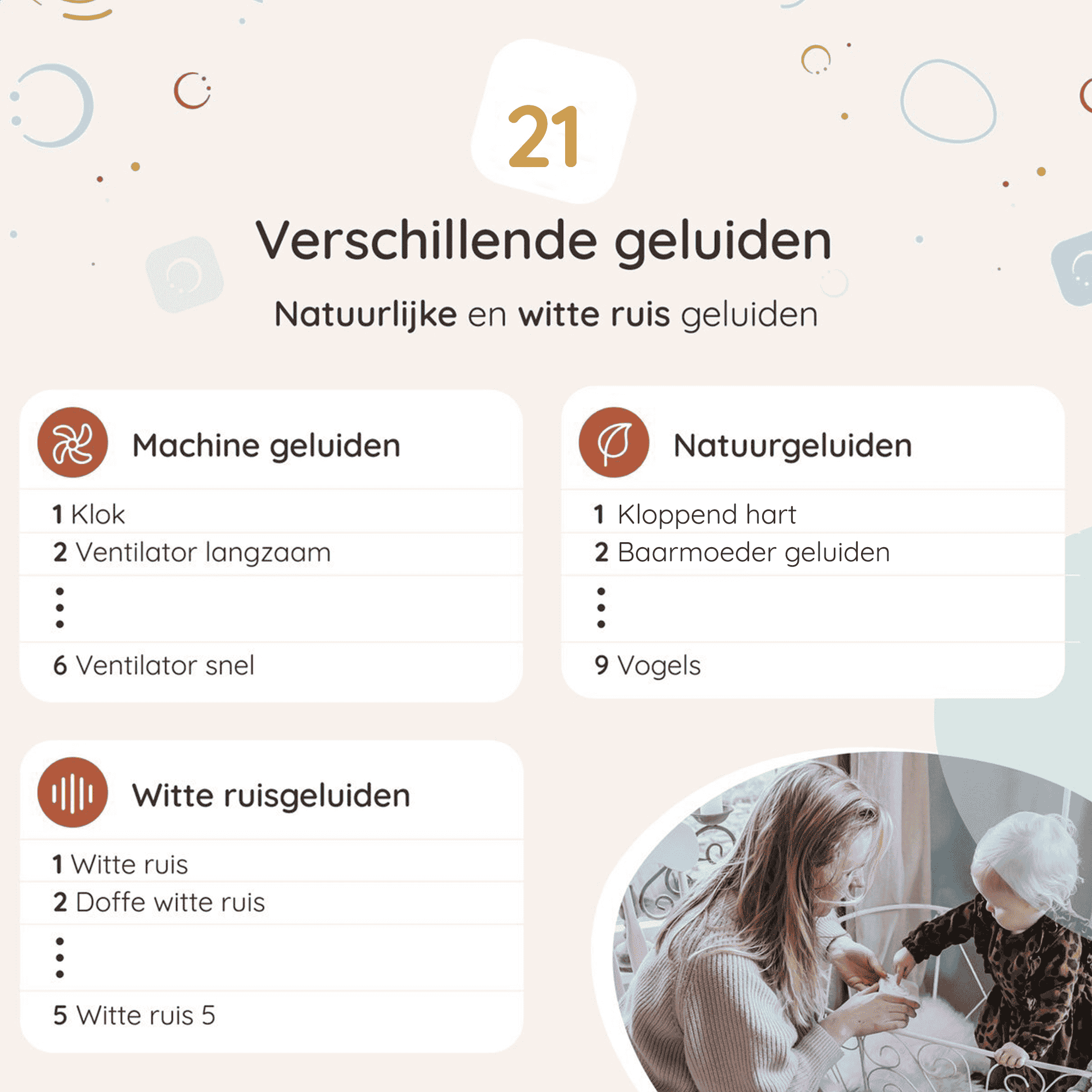 Image showing lists of machine, natural, and white noise sounds in Dutch.